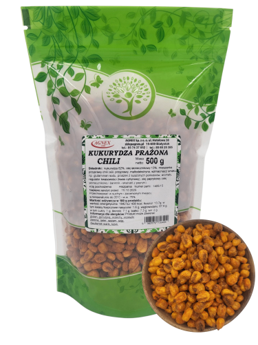Kukurydza prażona CHILI 500g OPAKOWANIE I NA ZDJĘCIU MISECZKA Z KUKURYDZĄ