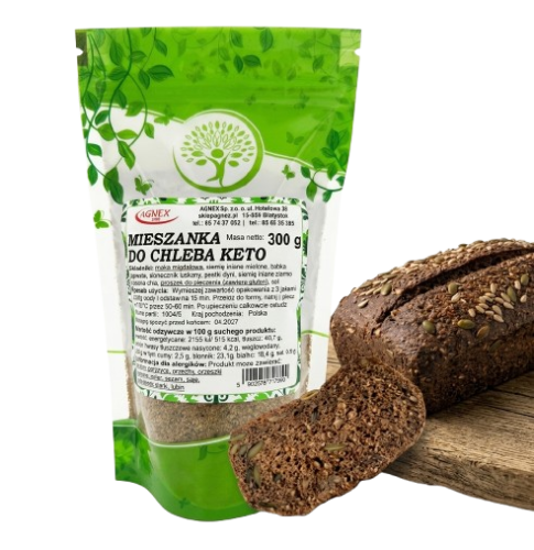 Chleb KETO mieszanka do wypieku 300g- opakowanie plus chleb obok jako zdjęcie poglądowe