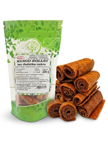 Suszone mango paski zawijane ROLLS bez cukru 200g opakowanie razem z rolkami